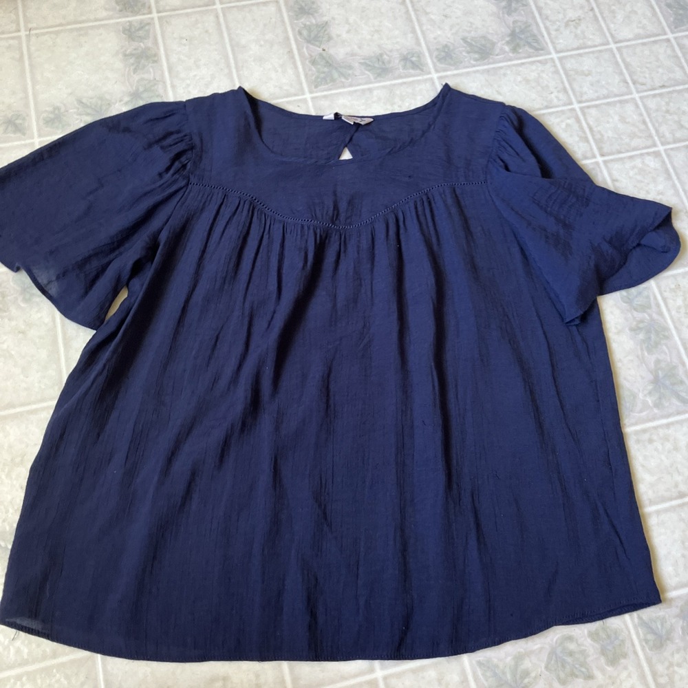Nanette Lepore Navy Blue Yoked Blouse Short Slv Gauzy Medium Romantic loose Boho